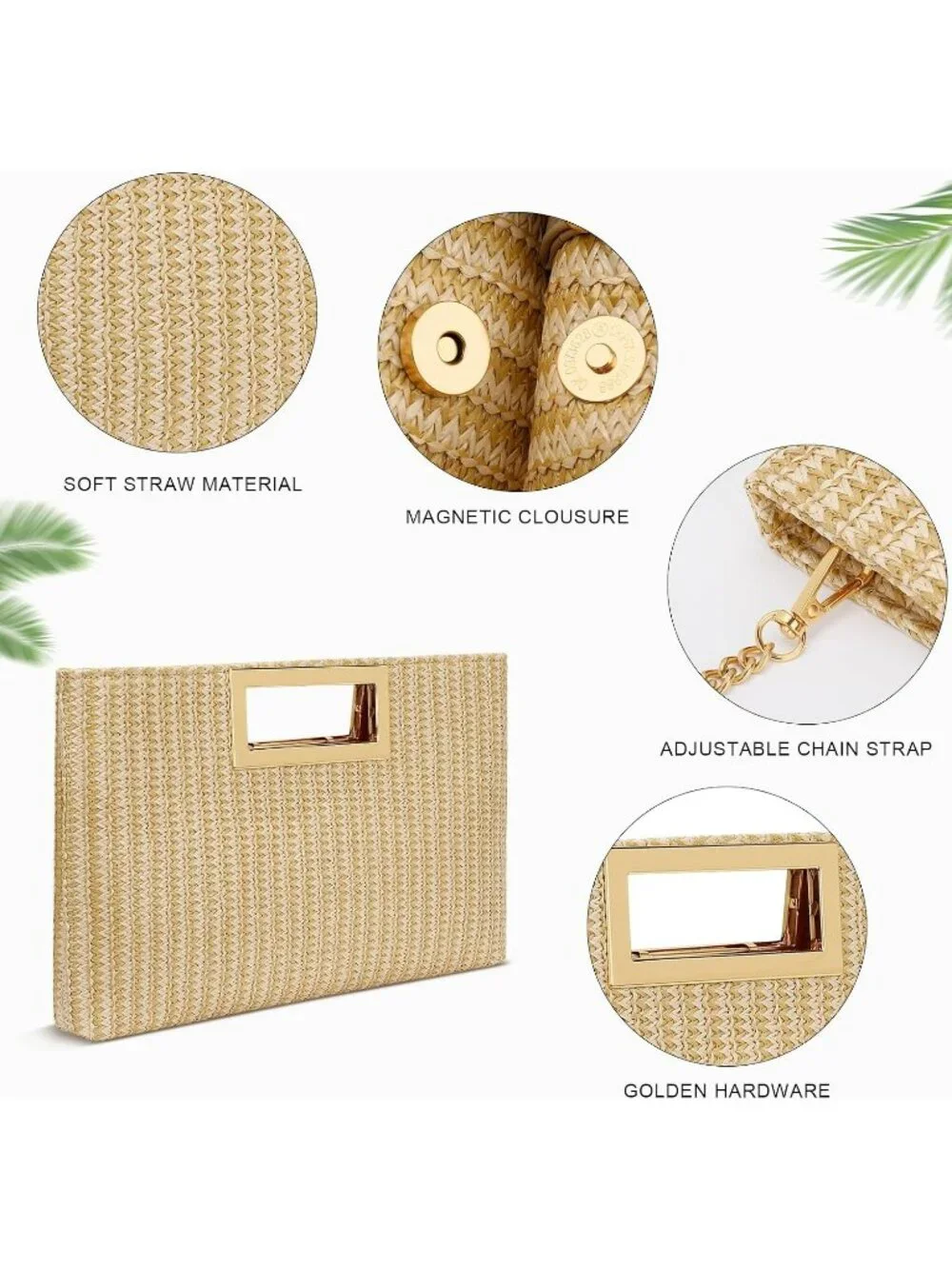 Women's Beige Clutch Purse Gold Chain Strap Handle Handbag Wedding Evening Bag